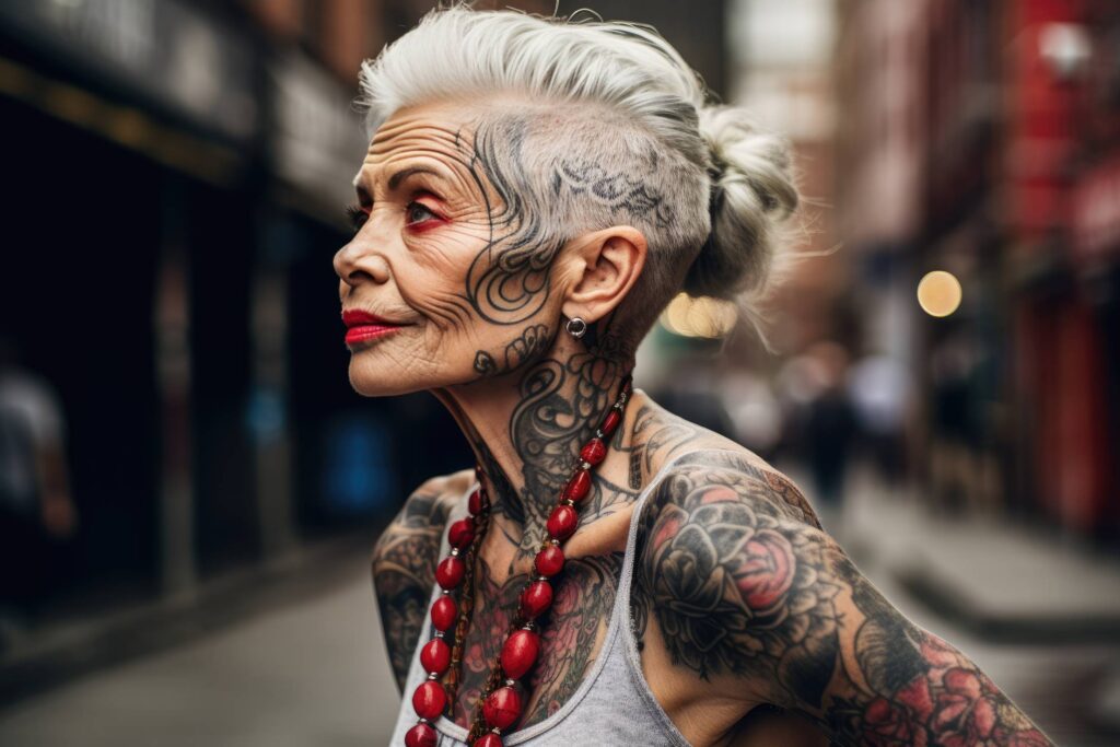 Old Woman with Body Covered in Tattoos Stock Free