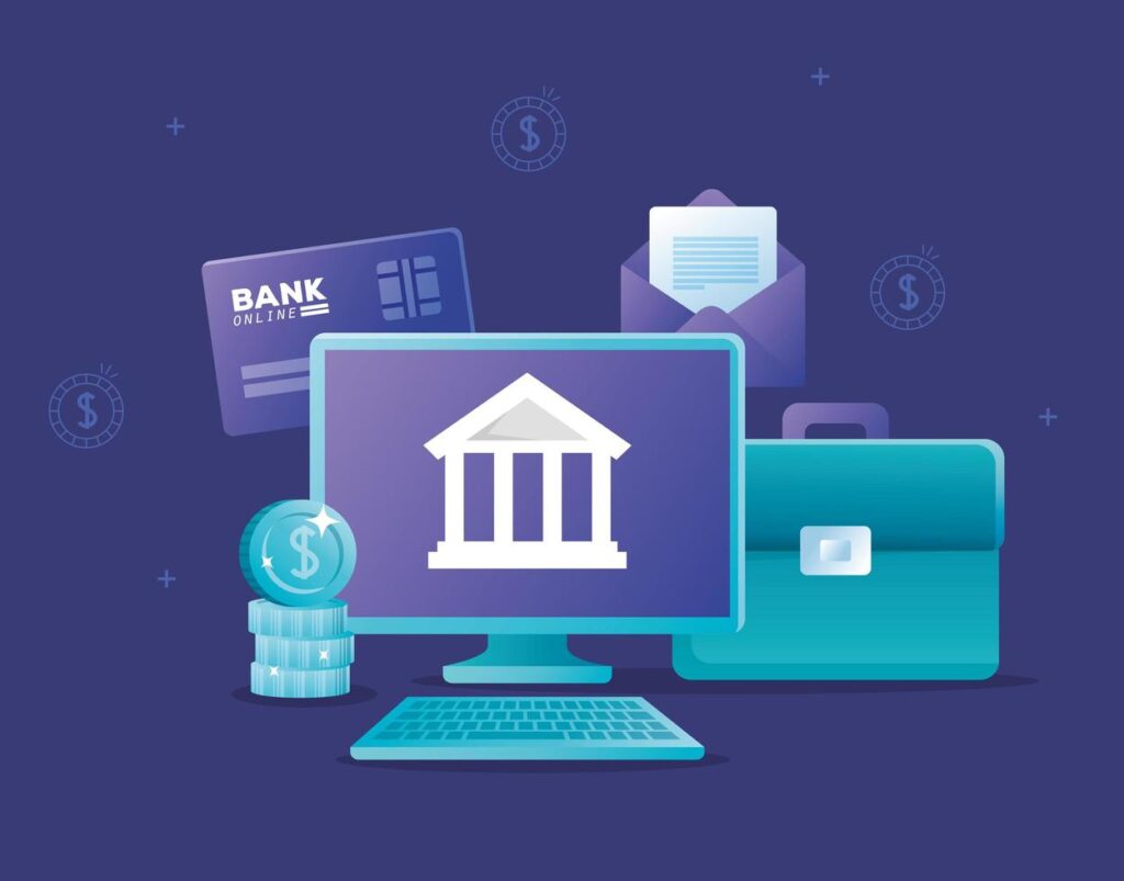 Online banking concept with computer desktop and icons Stock Free