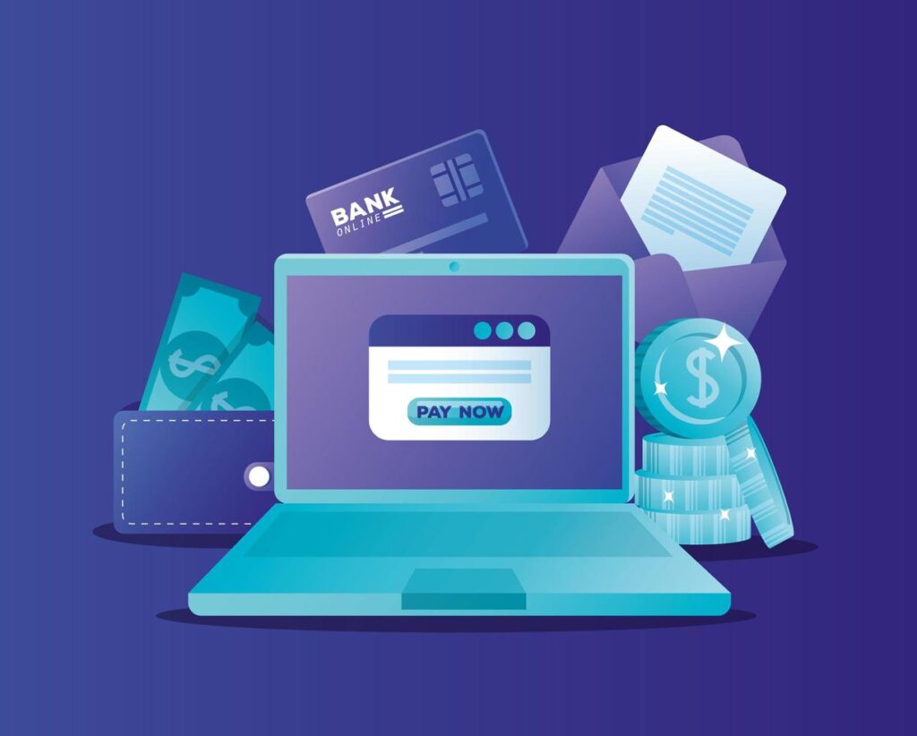 Online banking concept with laptop and icons Stock Free