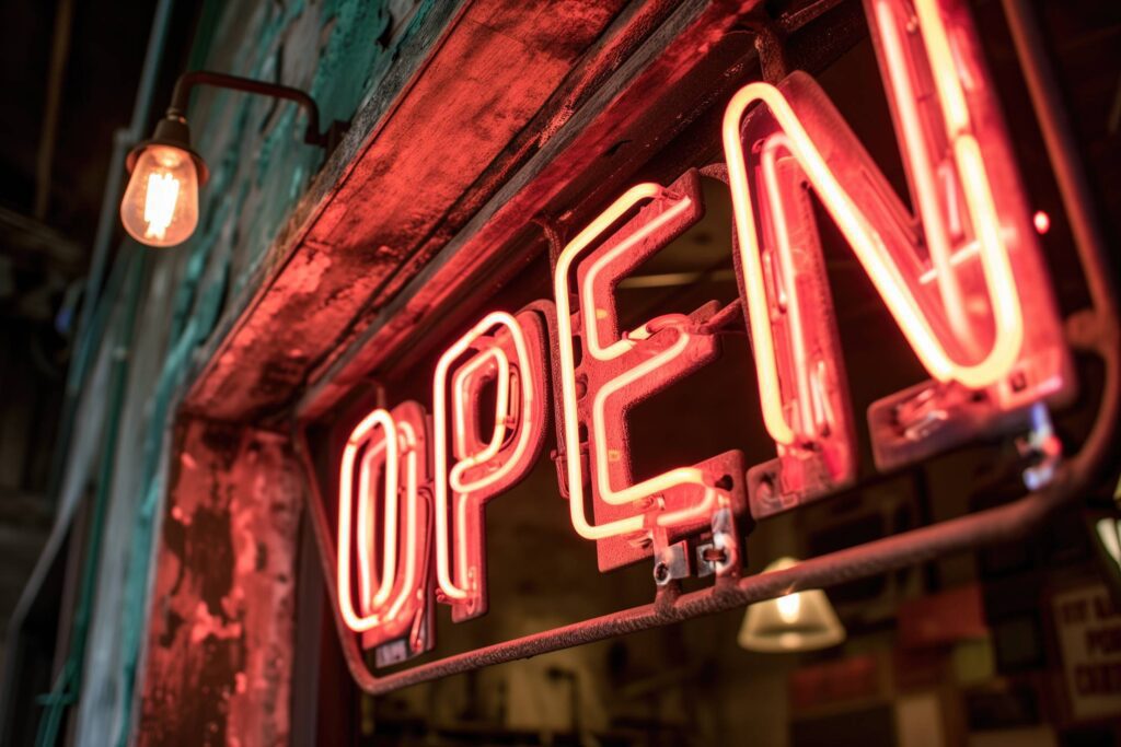 Open Neon Sign in Old Interior Stock Free