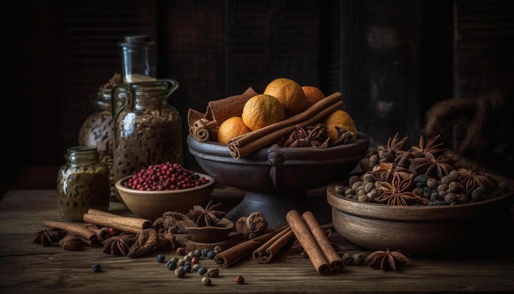 Organic spices decorate wooden table, enhancing food generated by AI Stock Free