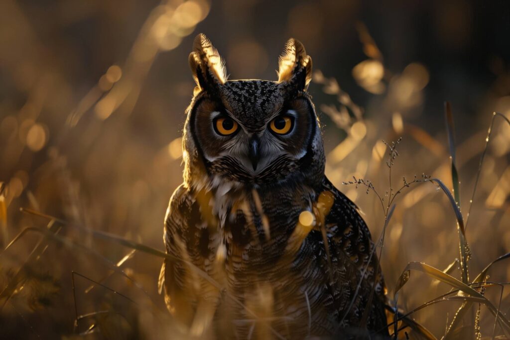 Owl Waiting and Hunting in the Grass Stock Free