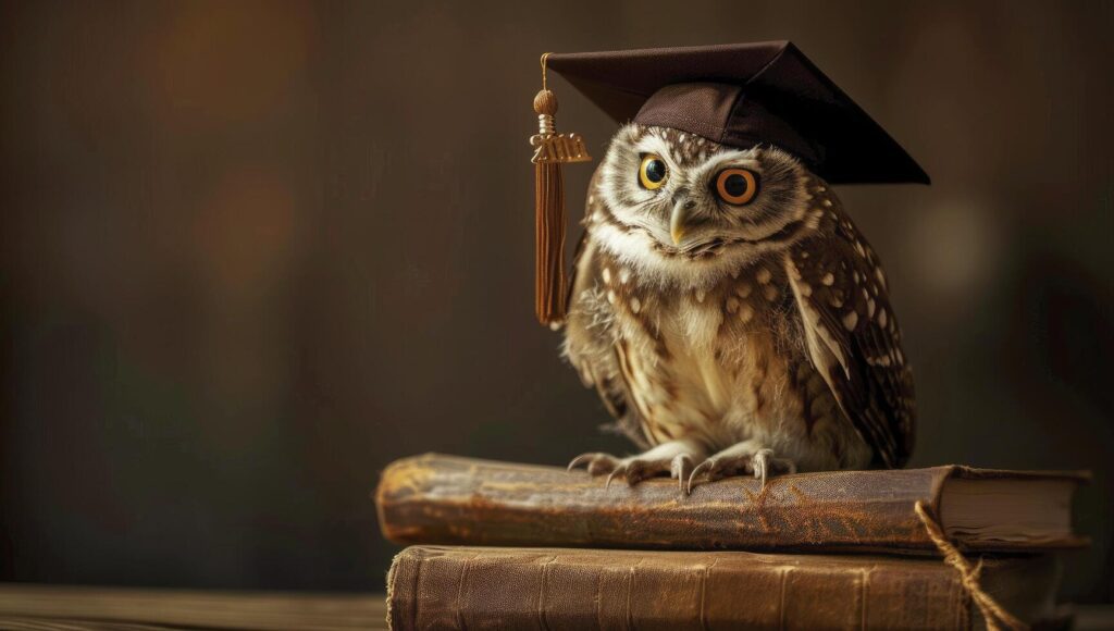 Owl with graduation cap sitting on old book, dark brown background Stock Free