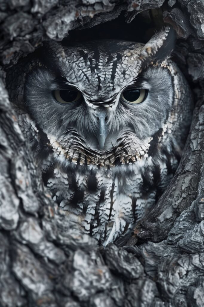 Owl With Incredible Camouflage in Tree Trunk Stock Free