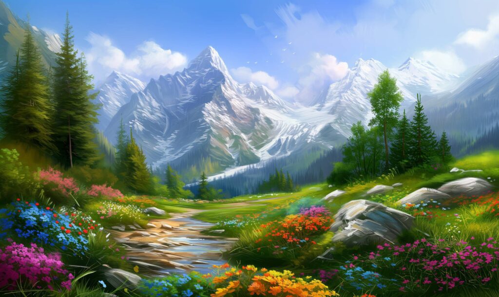 Painted Natural Scenery With High Mountains Stock Free