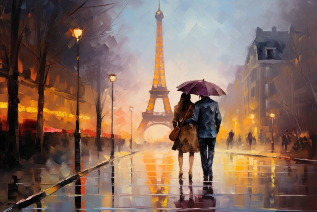 Painting of Couple in Love Walking in Paris Stock Free