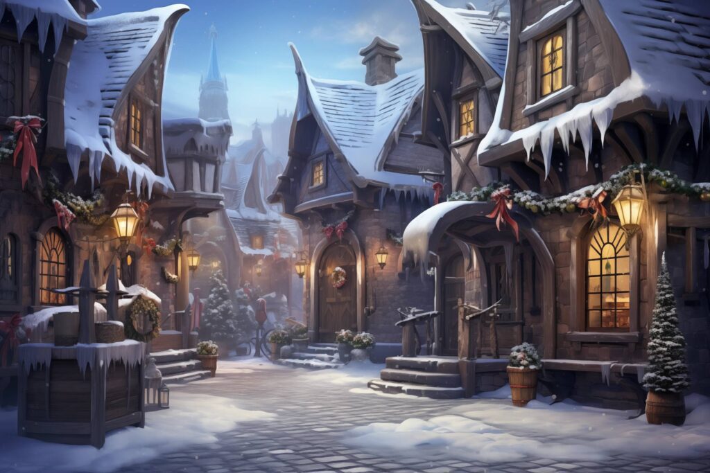 Painting of Fairytale Winter Village Stock Free