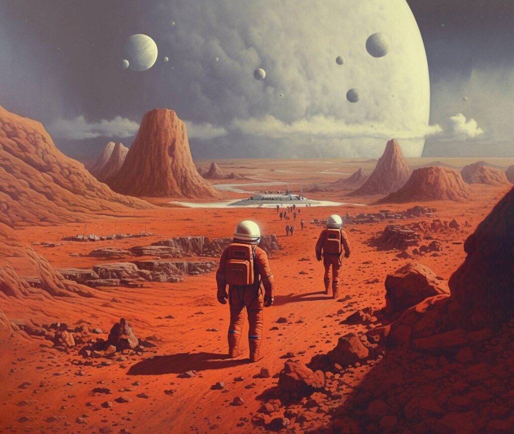 Painting of First People Colonizing Other Planets Stock Free