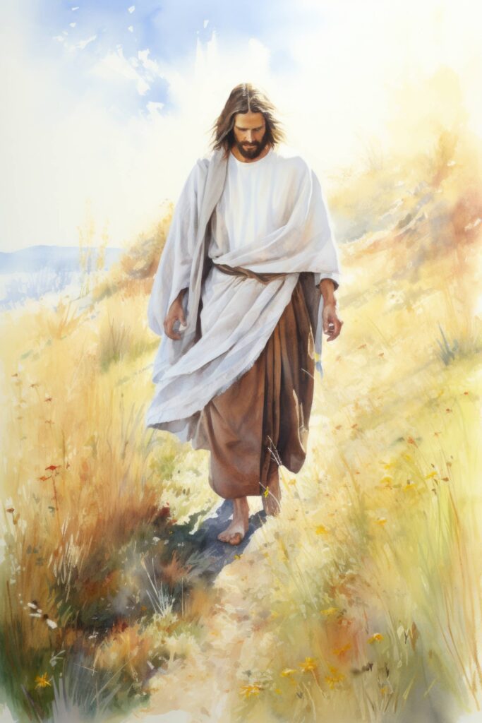 Painting of Jesus Walking on Summer Meadow Stock Free