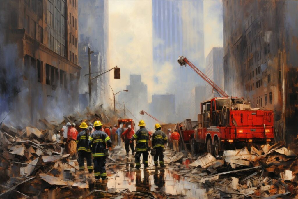 Painting of Rescue Workers in NYC Street Full of Rubble from the Destroyed World Trade Center Stock Free