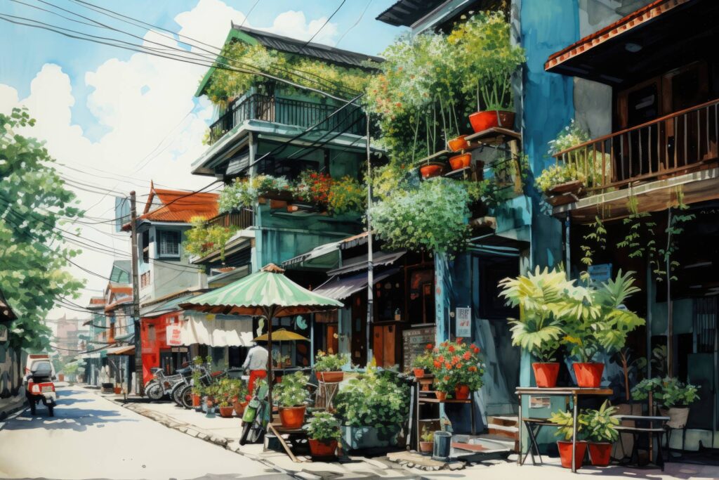 Painting of Vietnam Street Architecture Stock Free