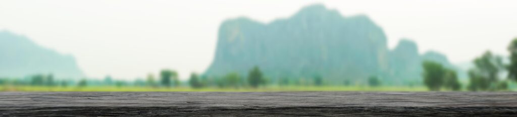 Panorama wood board with nature landscape blurred background empty front view for product show the green nature style Stock Free