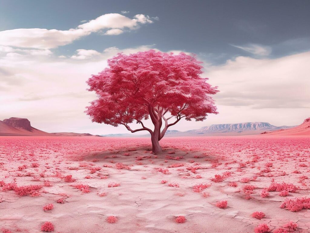 panoramic picture of a baby pink leafed tree in the middle of red utopia desert AI generative Stock Free