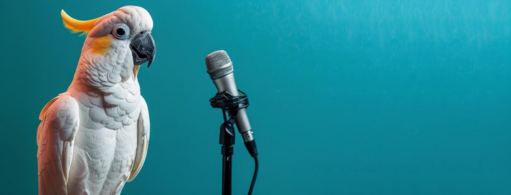 Parrot Standing Next to Microphone on Blue Background Stock Free