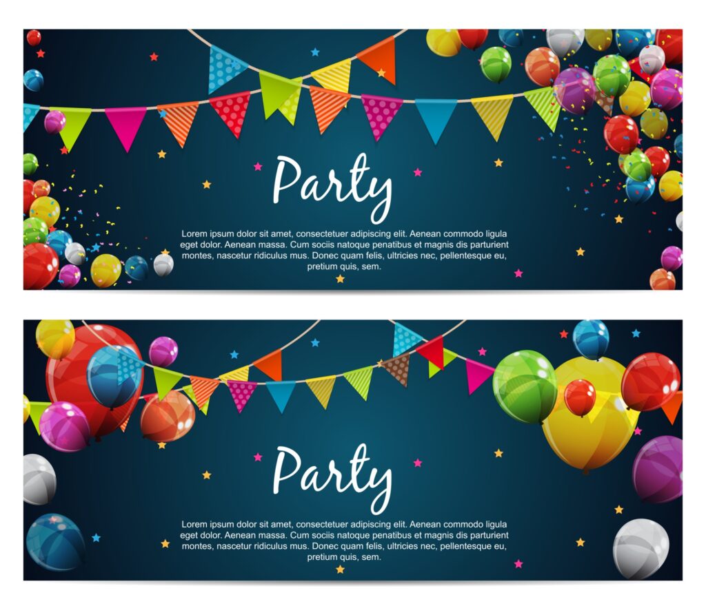 Party Birthday Background. Banner with Flags and Balloons Vector Illustration Free Vector