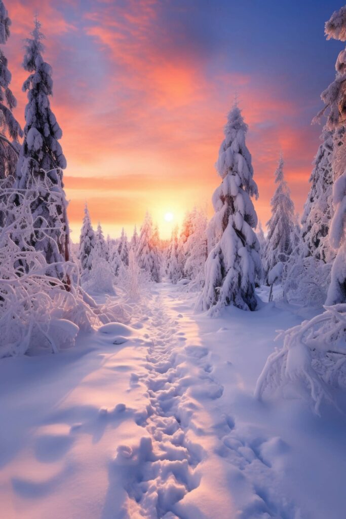 Path in Heavy Snow in Winter Forest During Sunset Stock Free