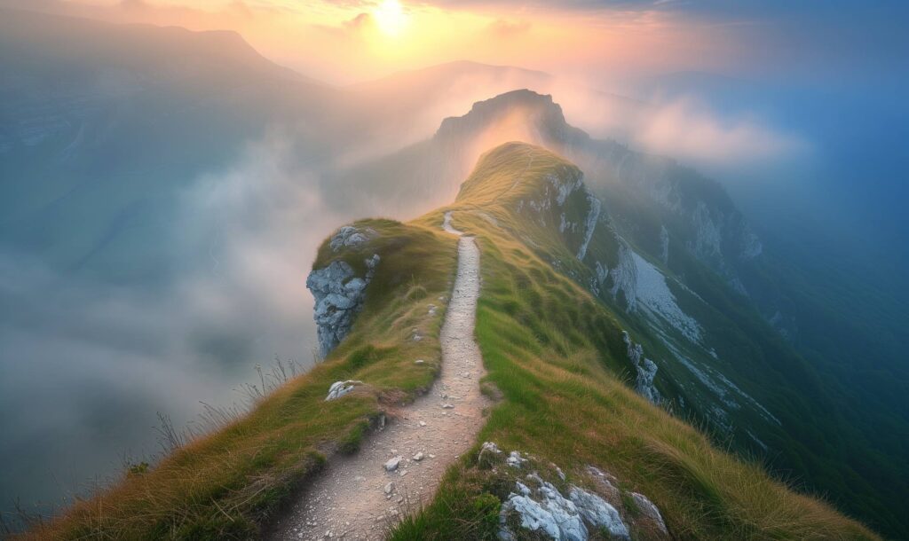 Path on the Mountain Ridge at Sunset Stock Free