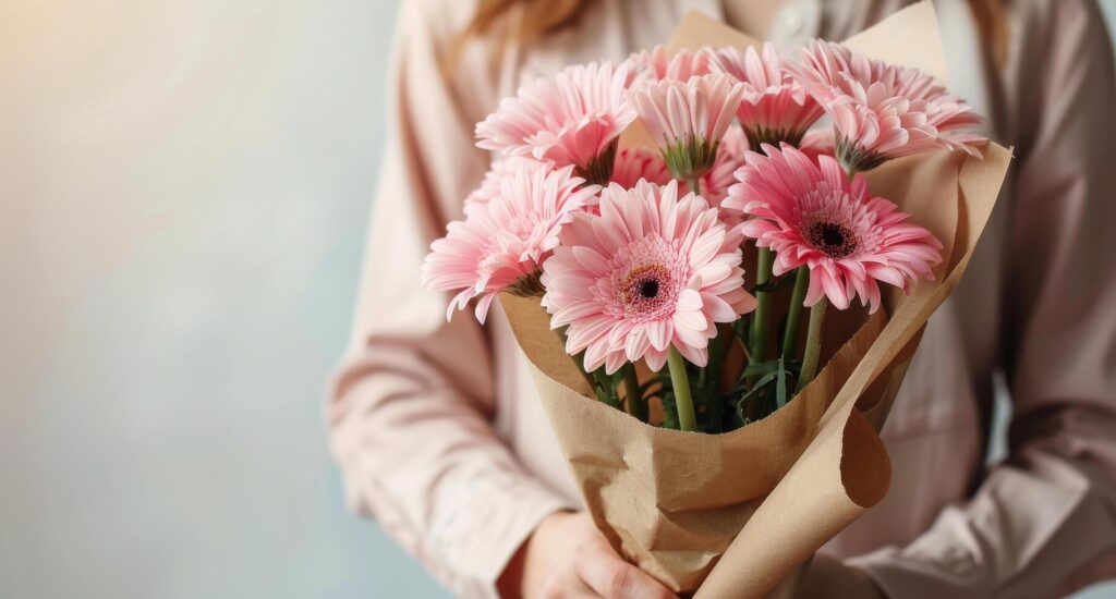 Person Holding Bouquet of Pink Gerbera Daisies Against Pink Background Stock Free