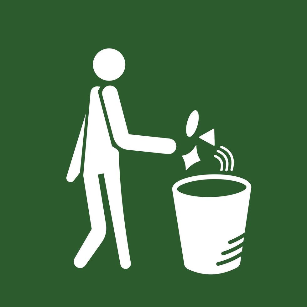 Person putting trashes in garbage bin icon sign illustration isolated on square green background. Simple flat cartoon art styled drawing for poster prints. Stock Free