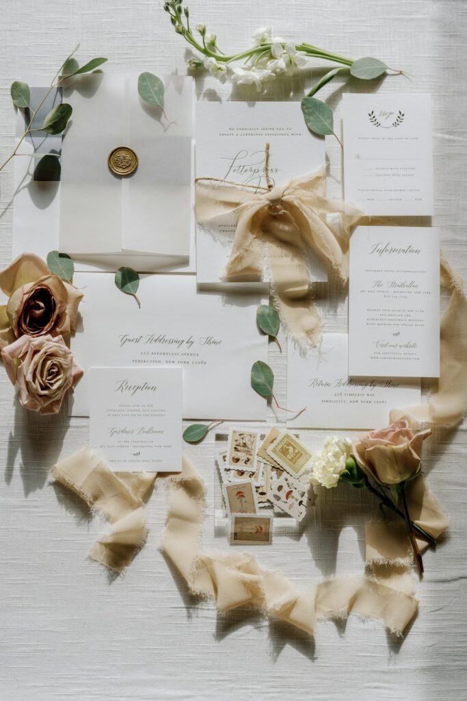 a table topped with lots of paper and flowers