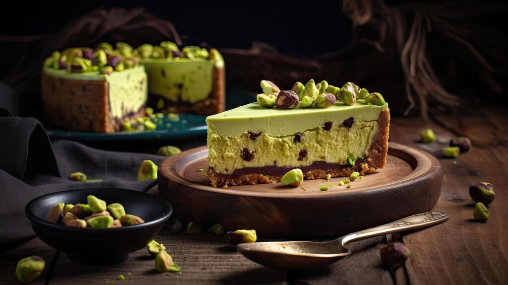 Piece Pistachio Cheesecake. Dark wooden background Stock Free