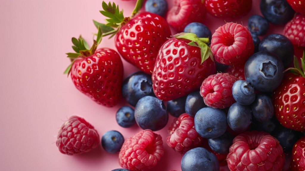 Pile of Berries and Raspberries on Pink Background Stock Free