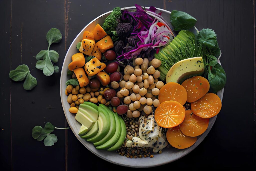 Pile of fruits and vegetables in many appetizing colors, shot from above, inviting to lead a healthy plant-based lifestyle Stock Free