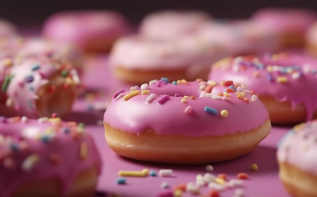 Pink donuts with sprinkles. Sweet food background, freshly baked donut. image. Stock Free