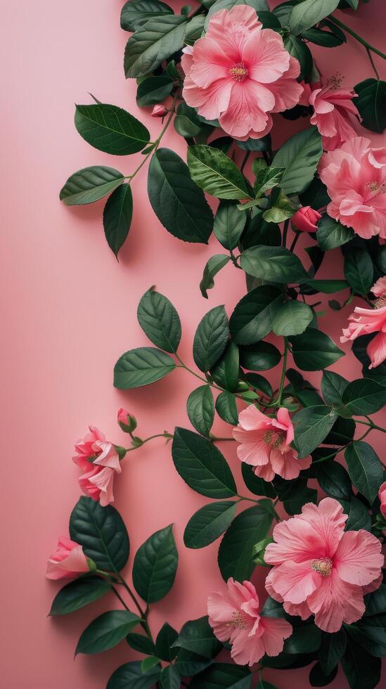 Pink Flowers and Green Leaves on a Pink Background Stock Free