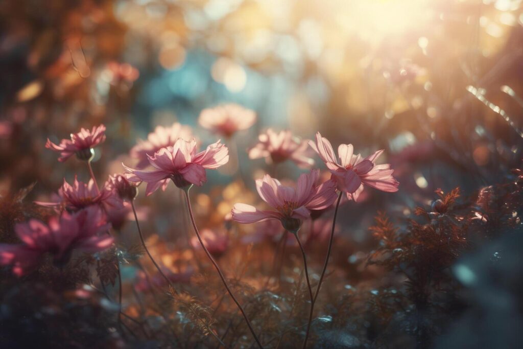 
									pink flowers with the sun shining through the clouds in the background and the grass in the foreground is a field of purple flowers. Stock Free