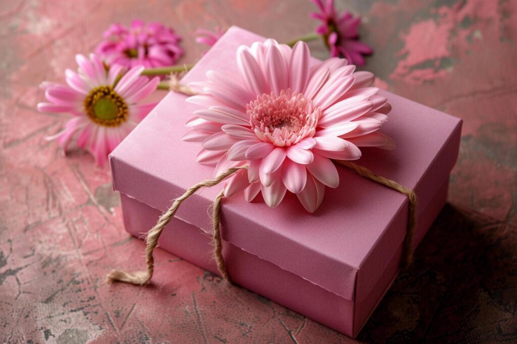 Pink gift box with spring flowers on pink background. Stock Free