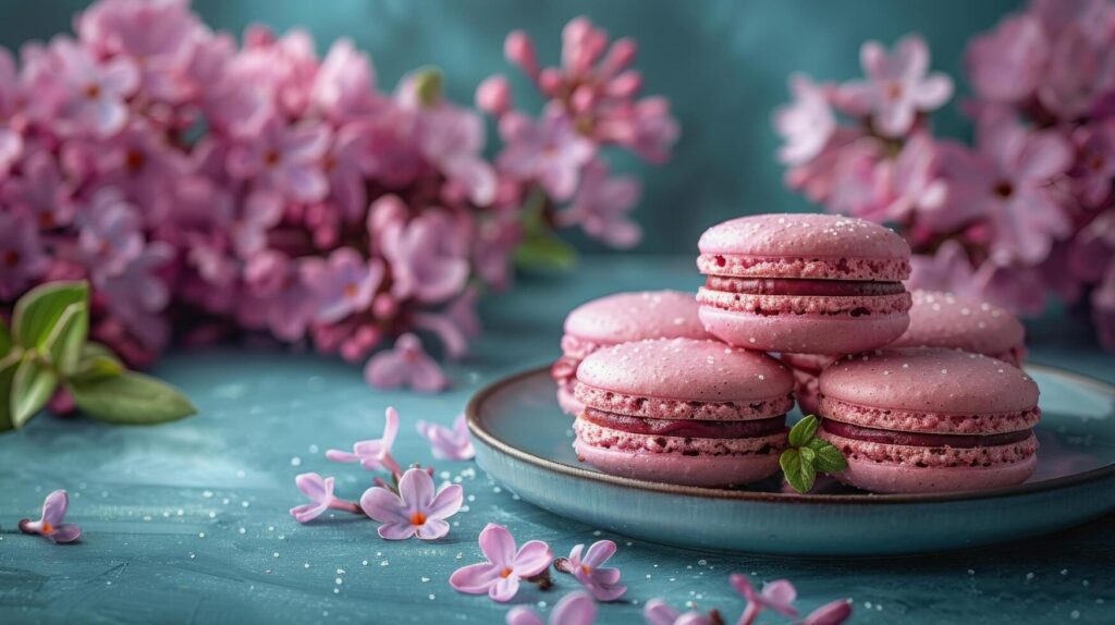 Pink Macarons With Delicate Flowers on a Blue Background Stock Free