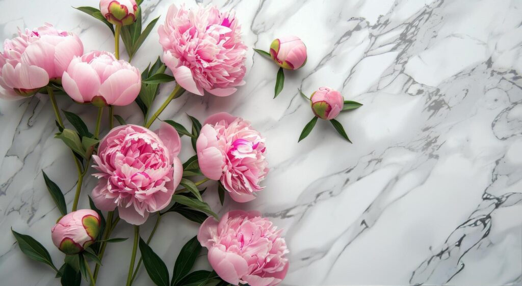 Pink Peonies on a White Marble Background Stock Free