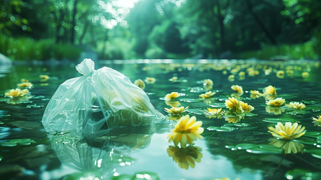 Plastic garbage bags floating in rivers and oceans Create pollution that destroys the environment of the world and the sea. International Plastic Bag Free Day. AI-Generated Free Photo