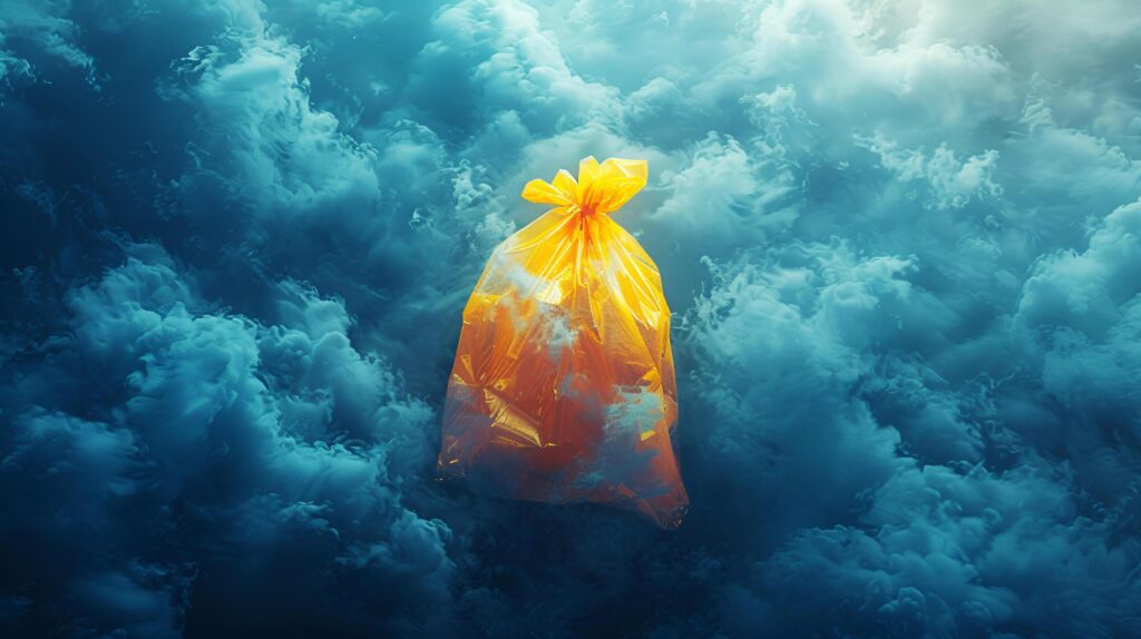 Plastic garbage bags floating in rivers and oceans is pollution that destroys the environment of the world and the citu. International Plastic Bag Free Day. AI-Generated Free Photo