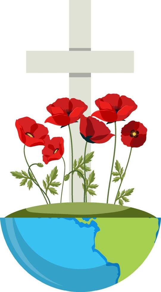 Poppy flowers on cross gravestone for remembrance day icon Stock Free