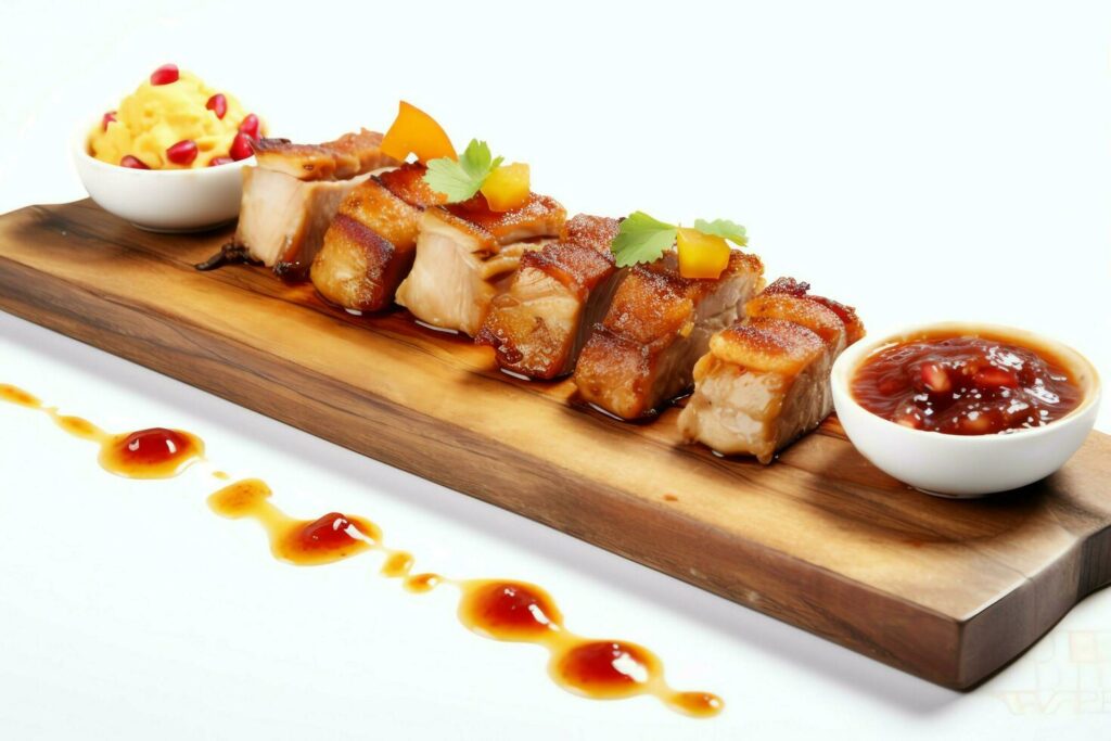 Pork belly braaivleis with mango and chili sauce served on a wooden plank. Restaurant food concept by AI Generated Stock Free