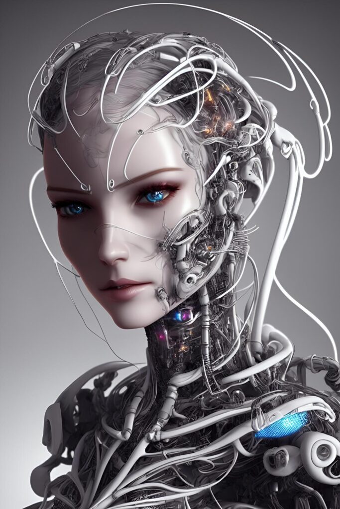 Portrait of a beautiful robot woman with realistic eyes, Free Photo