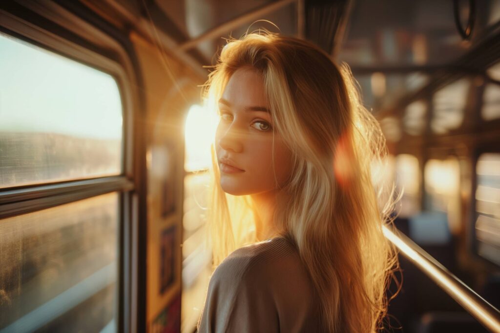 Portrait of a Beautiful Young Blonde on a Train at Sunset Stock Free