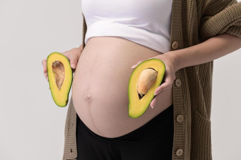 Portrait of Beautiful pregnant woman holding avocado over white background studio, health and maternity concept Stock Free