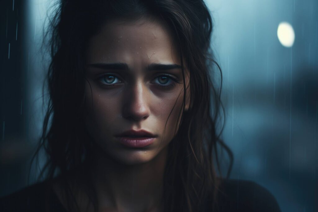 Portrait of Sad Heartbroken Woman Standing in Rain Stock Free