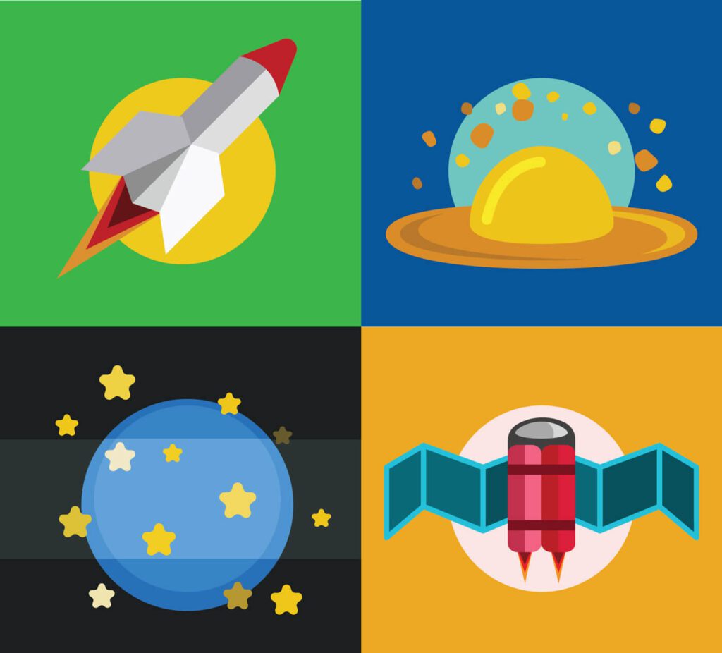 Collection of spaceships and planets, space vector illustration