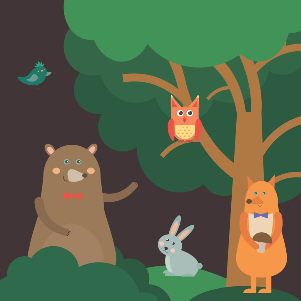 Vector illustration of cute animal at night forest for free vector design