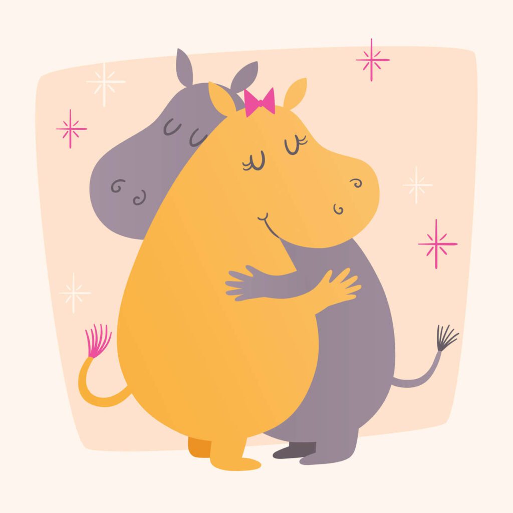 Vector illustration with cute hippos hugging