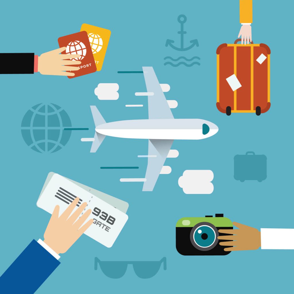 Free vector illustration of airplane flying and some travel tools