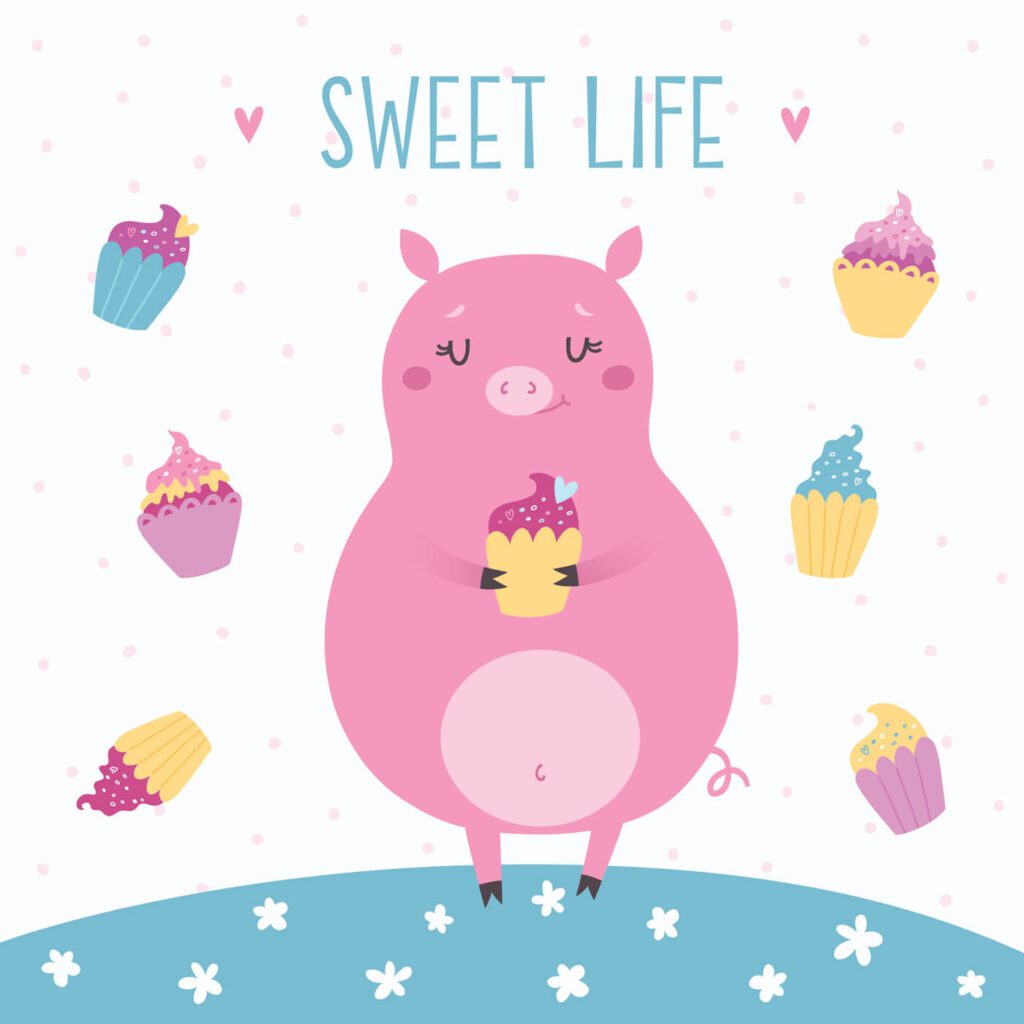 Vector illustration of cute pig with cupcakes. Sweet life