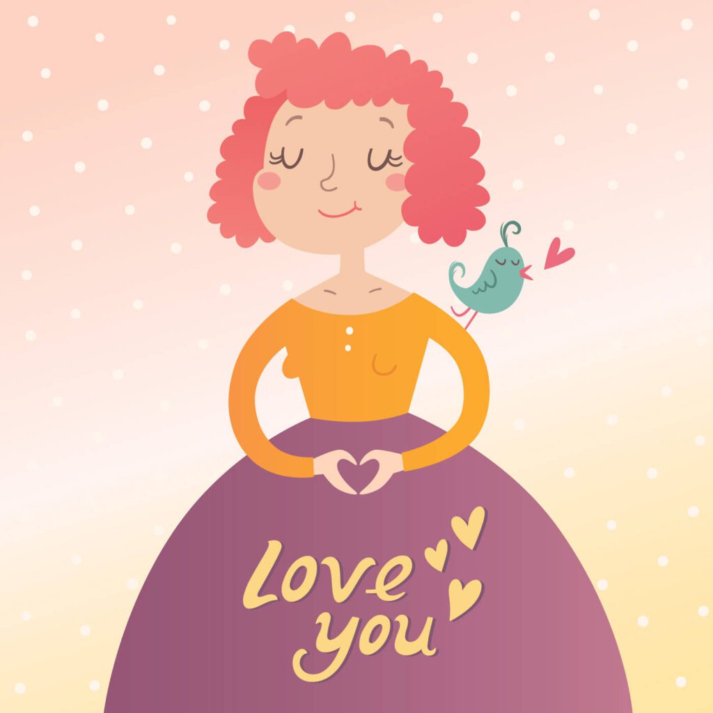 Vector illustration of young woman in love. Valentine’s day card