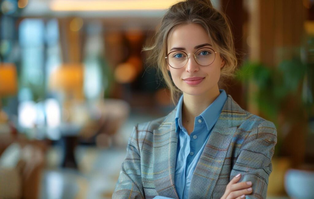 Professional Business Woman in Glasses Standing in Lobby Stock Free