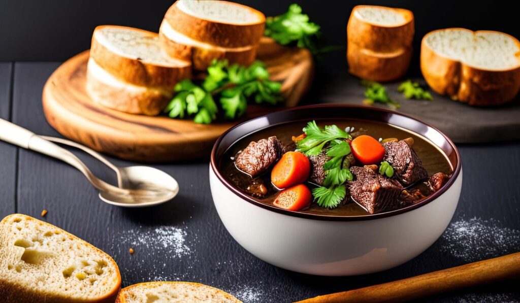 professional food photography close up of a a bowl of beef stew with bread on the side Stock Free