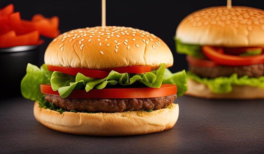 professional food photography close up of a a hamburger with lettuce and tomato on a black backgroun Stock Free